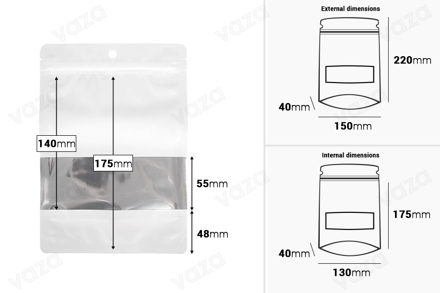 Weiße Aluminiumbeutel vom Typ Doy Pack, 150 x 40 x 220 mm, mit Reißverschluss, Sichtfenster und Heißsiegelmöglichkeit - 100 Stück. Weiße Aluminiumbeutel vom Typ Doy Pack, 150 x 40 x 220 mm, mit Reißverschluss, Sichtfenster und Heißsiegelmöglichkeit - 100 Stück.-bildabmessungen