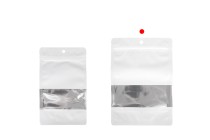 Weiße Aluminiumbeutel vom Typ Doy Pack, 150 x 40 x 220 mm, mit Reißverschluss, Sichtfenster und Heißsiegelmöglichkeit - 100 Stück. Weiße Aluminiumbeutel vom Typ Doy Pack, 150 x 40 x 220 mm, mit Reißverschluss, Sichtfenster und Heißsiegelmöglichkeit - 100 Stück.-bildgruppe