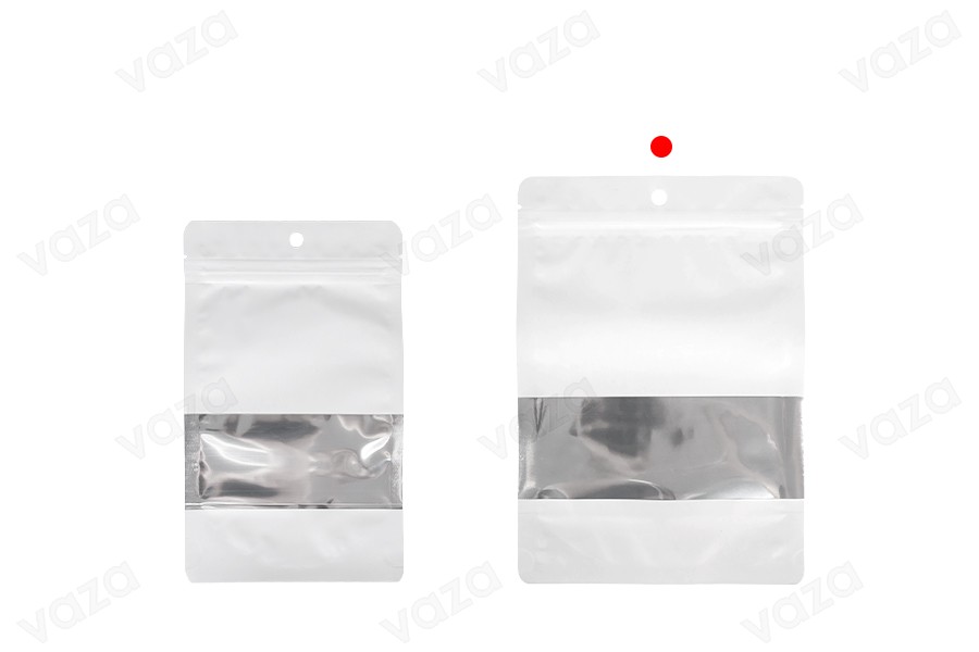 Weiße Aluminiumbeutel vom Typ Doy Pack, 150 x 40 x 220 mm, mit Reißverschluss, Sichtfenster und Heißsiegelmöglichkeit - 100 Stück. Weiße Aluminiumbeutel vom Typ Doy Pack, 150 x 40 x 220 mm, mit Reißverschluss, Sichtfenster und Heißsiegelmöglichkeit - 100 Stück.-bildgruppe
