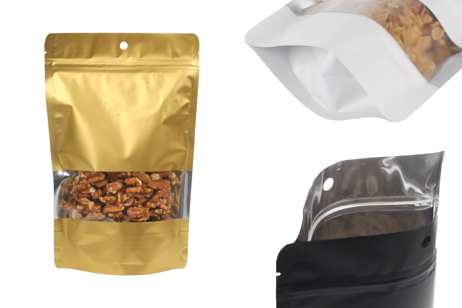 Σακουλάκια αλουμινίου τύπου Doy Pack 160x40x240 mm με κλείσιμο "zip", τρύπα, παράθυρο και δυνατότητα σφράγισης με θερμοκόλληση - 100 τμχ-εικόνα_προϊοντική