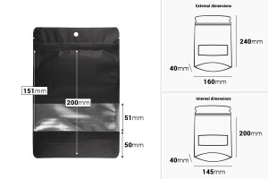 Buste Doy Pack in alluminio 160x40x240 mm con chiusura "zip", con finestra e possibilità di sigillatura con termosaldatura - 100 pz.-εικόνα_διαστάσεις