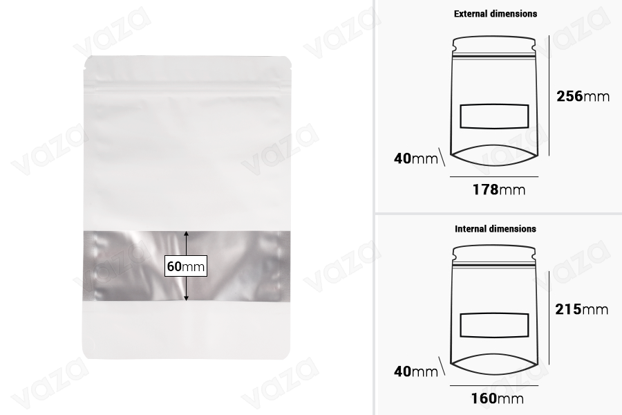 Doy Pack aluminum bags 178x40x256 mm with "zip" closure, window and heat sealable - 100 pcs-image_dimensions
