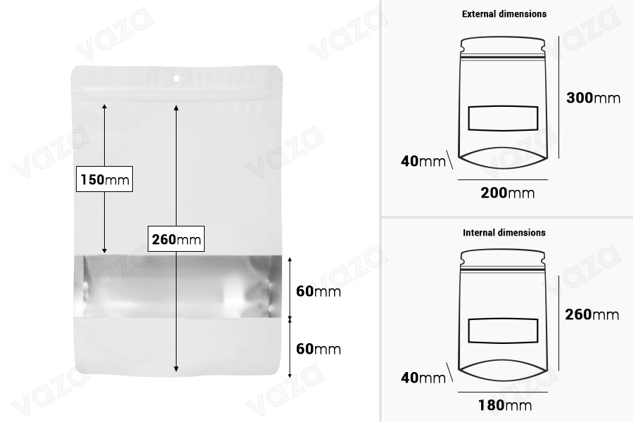 Σακουλάκια τύπου Doy Pack 200x40x300 mm αλουμινίου με κλείσιμο zip, παράθυρο και δυνατότητα σφράγισης με θερμοκόλληση - 100 τμχ Σακουλάκια τύπου Doy Pack 200x40x300 mm αλουμινίου με κλείσιμο zip, παράθυρο και δυνατότητα σφράγισης με θερμοκόλληση - 100 τμχ-εικόνα_διαστάσεις