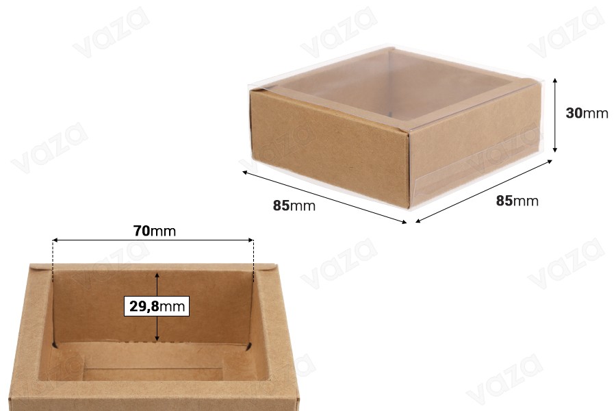 Papierverpackungsschachtel (300 g/m²) 85x85x30 mm mit transparentem Schubladenfenster in Weiß und Kraftfarbe - 12 Stück Papierverpackungsschachtel (300 g/m²) 85x85x30 mm mit transparentem Schubladenfenster in Weiß und Kraftfarbe - 12 Stück-bildabmessungen