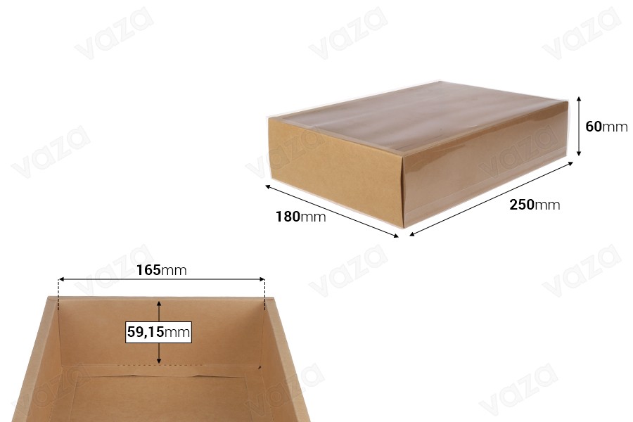 Papierverpackungsschachtel (300 g/m²) 250x180x60 mm mit transparentem Schubladenfenster in Weiß und Kraftfarbe – 12 Stück-εικόνα_διαστάσεις