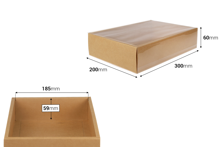 Boîte d'emballage en papier (300 g/m²) 300x200x60 mm avec fenêtre transparente à tiroir en blanc et kraft - 12 pièces