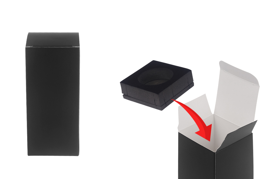 Boîte en papier noire 55x55x125 mm avec étui intérieur en mousse pour flacons d'huiles essentielles 50 ml - 20 pièces