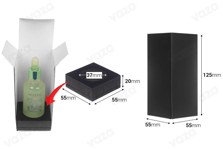 Papierverpackungsbox 55x55x125 mm schwarz mit innerer Schaumstoffhülle für ätherische Ölflaschen 50 ml - 20 Stück-bildabmessungen