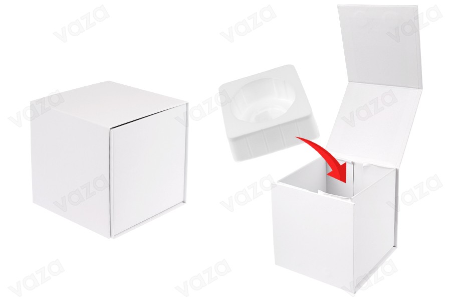 Coffret de luxe 110x110x110 mm avec fermeture magnétique en blanc avec étui intérieur en plastique (pour pots code 1105-2-0)-photo_produit