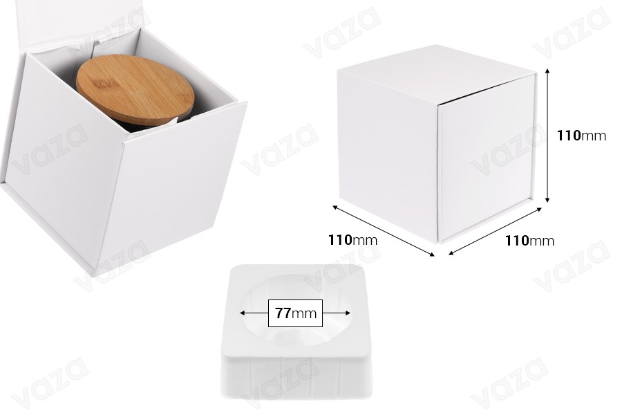 Coffret de luxe 110x110x110 mm avec fermeture magnétique en blanc avec étui intérieur en plastique (pour pots code 1105-2-0)-photo_dimensions