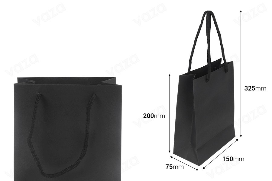 Sac cadeau en papier noir 150x75x200 mm avec cordon en coton - 12 pièces-photo_dimensions