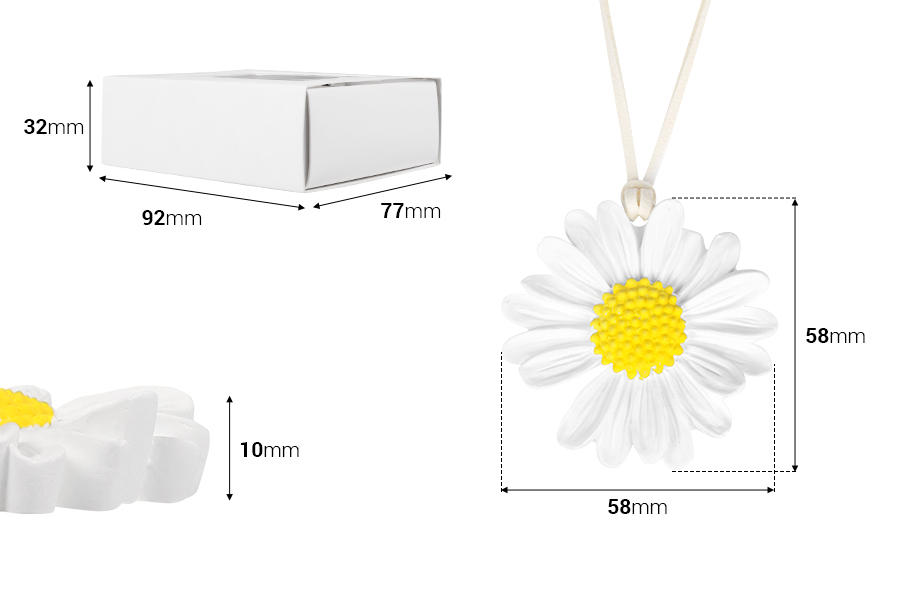 Γύψινο κρεμαστό αρωματικό χώρου σε σχέδιο μαργαρίτα 58x10 mm σε ατομικό χάρτινο κουτάκι-εικόνα_διαστάσεις