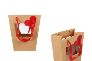 Sachet en papier 200 x 130 x 220 mm pour bouquets et compositions florales, avec fenêtre, ruban rouge et étiquette - Lot de 10-photo_produit
