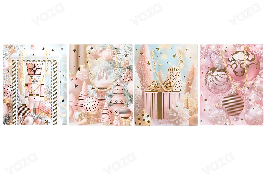 Weihnachtliche Geschenktüten aus Papier, 180 x 100 x 230 mm, mit Kordelzug zum Aufhängen – 12 Stück, verschiedene Designs-bildgruppe