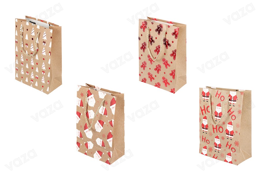 Weihnachtliche Geschenktüten aus Kraftpapier, 180 x 85 x 240 mm, mit Kordelzug zum Aufhängen – 12 Stück, verschiedene Designs Weihnachtliche Geschenktüten aus Kraftpapier, 180 x 85 x 240 mm, mit Kordelzug zum Aufhängen – 12 Stück, verschiedene Designs-produktbild