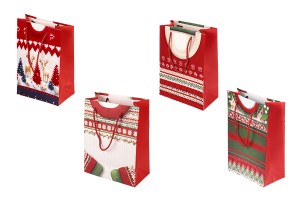 Weihnachtliche Geschenktüten aus Papier, 180 x 85 x 240 mm, mit Kordelzug und Samtdetails – 12 Stück, verschiedene Designs-produktbild