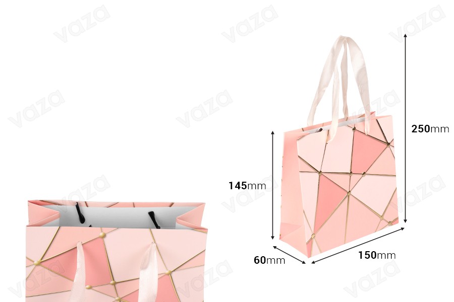 Sachets cadeaux en papier 145 x 60 x 150 mm à motifs géométriques et cordon satiné pour anse - 12 pièces, motifs assortis-photo_dimensions