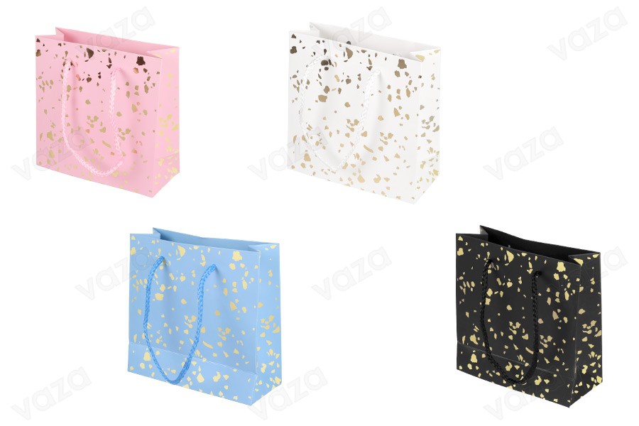 Sachets cadeaux en papier 150 x 60 x 145 mm avec détails dorés et ficelle pour l'anse - 12 pièces, couleurs assorties-photo_produit