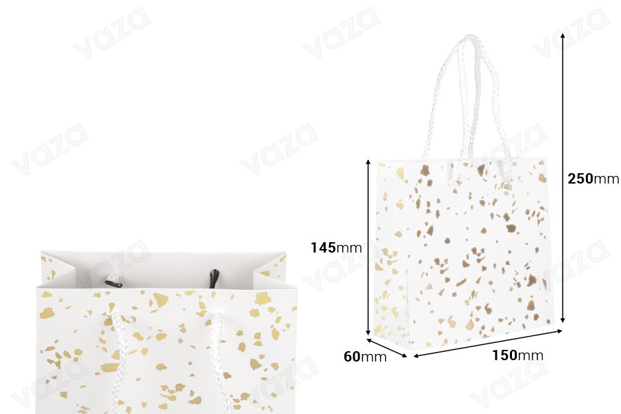 Sachets cadeaux en papier 150 x 60 x 145 mm avec détails dorés et ficelle pour l'anse - 12 pièces, couleurs assorties-photo_dimensions