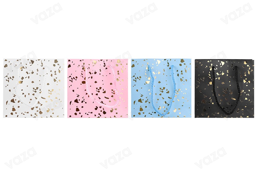 Sachets cadeaux en papier 150 x 60 x 145 mm avec détails dorés et ficelle pour l'anse - 12 pièces, couleurs assorties-photo_groupe