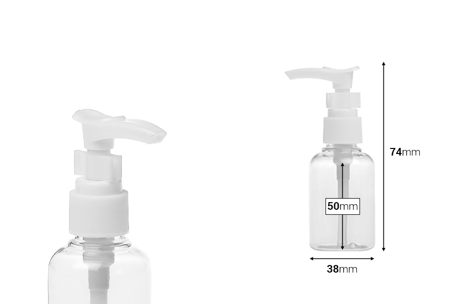 Shishe PET 50 ml me pompë për shampo në pako me 12 copë     -imazh_dimensione