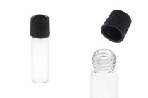 Γυάλινο μπουκαλάκι μινιατούρα 1 ml, 10x35 διάφανο με μαύρο, πλαστικό βιδωτό καπάκι-εικόνα_προϊοντική