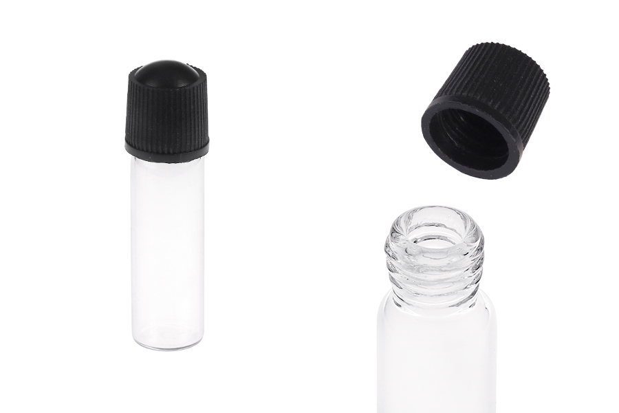 Γυάλινο μπουκαλάκι μινιατούρα 1 ml, 10x35 διάφανο με μαύρο, πλαστικό βιδωτό καπάκι-εικόνα_προϊοντική