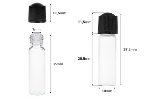 Miniaturflaschen 1 ml, Glas 10x35 transparent mit schwarzem, plastischen Schraubverschluss-bildabmessungen