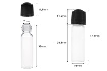 Γυάλινο μπουκαλάκι μινιατούρα 1 ml, 10x35 διάφανο με μαύρο, πλαστικό βιδωτό καπάκι-εικόνα_διαστάσεις