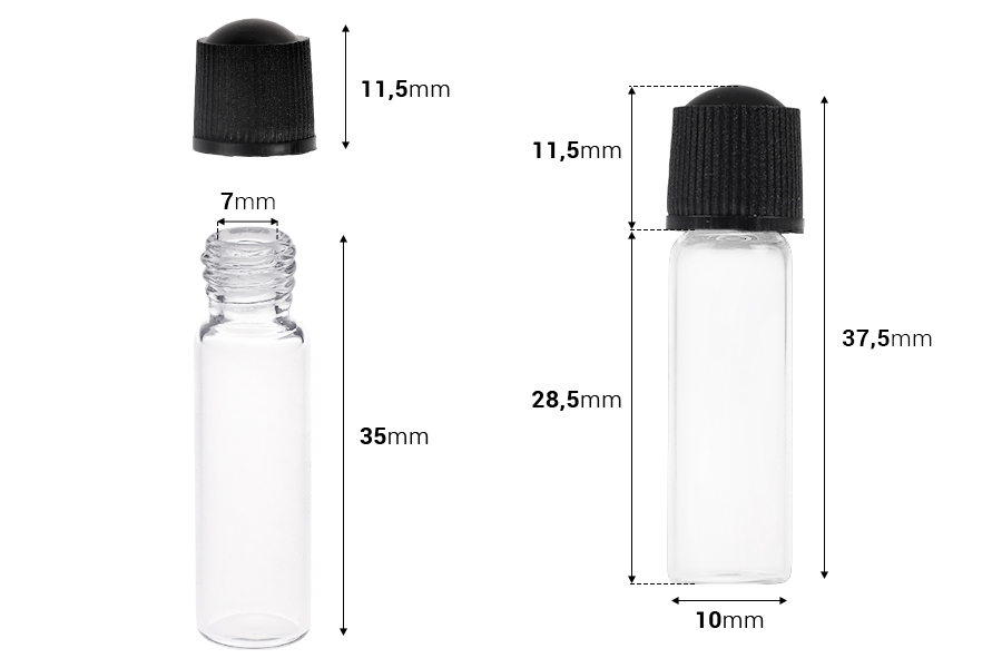 Γυάλινο μπουκαλάκι μινιατούρα 1 ml, 10x35 διάφανο με μαύρο, πλαστικό βιδωτό καπάκι-εικόνα_διαστάσεις