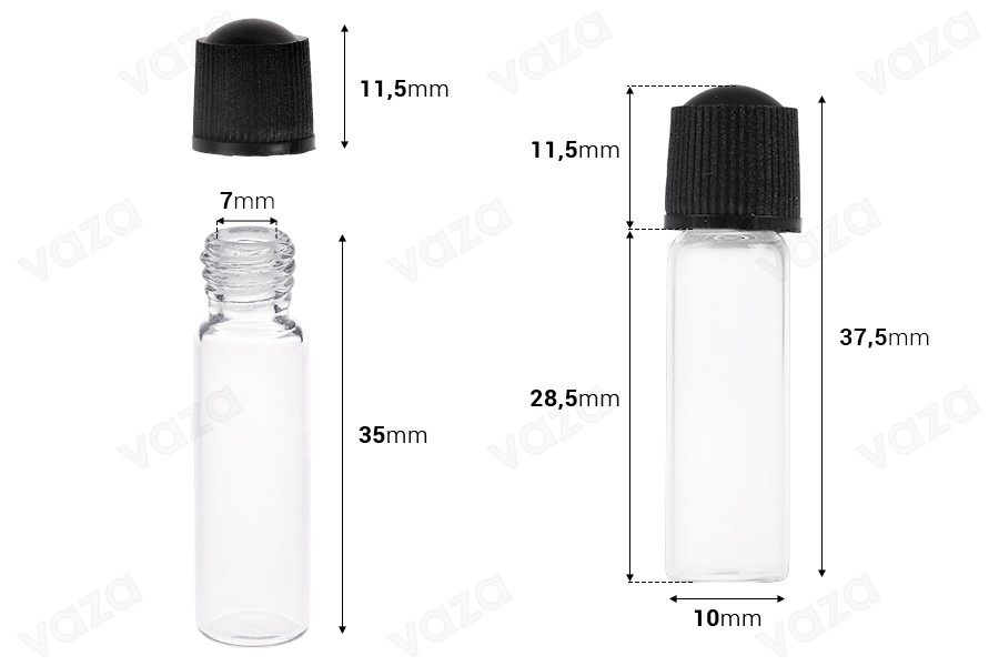 Γυάλινο μπουκαλάκι μινιατούρα 1 ml, 10x35 διάφανο με μαύρο, πλαστικό βιδωτό καπάκι Γυάλινο μπουκαλάκι μινιατούρα 1 ml, 10x35 διάφανο με μαύρο, πλαστικό βιδωτό καπάκι-εικόνα_διαστάσεις