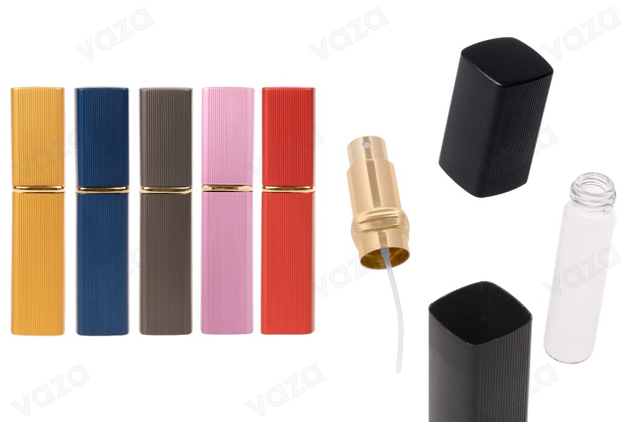 Shishe parfumi me sprej prej qelqi 5 ml në një kuti alumini me ngjyra të ndryshme Shishe parfumi me sprej prej qelqi 5 ml në një kuti alumini me ngjyra të ndryshme -imazh_produkt