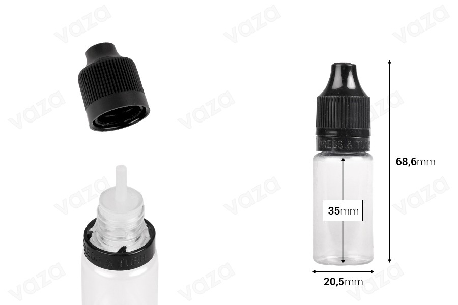 Μπουκαλάκι πλαστικό 10 ml με καπάκι CRC και πλαστικό dropper για ηλεκτρονικό τσιγάρο - 50 τμχ-εικόνα_διαστάσεις