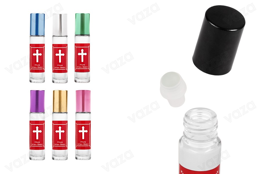 Roll on glass 10 ml with glass ball, red print "Myrto Mount Athos and aluminum cap in various colors for churches - monasteries Roll on glass 10 ml with glass ball, red print "Myrto Mount Athos and aluminum cap in various colors for churches - monasteries-image_product