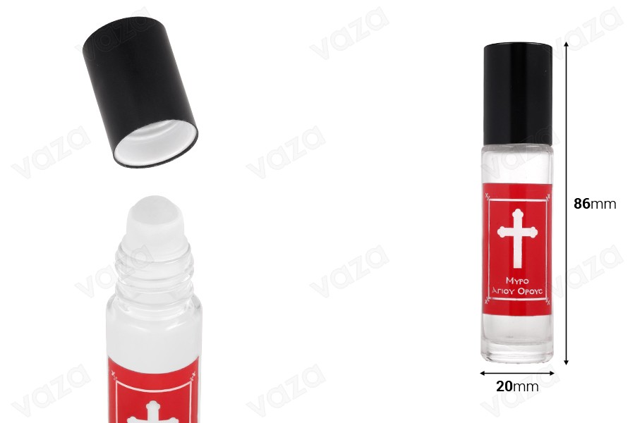 Roll on glass 10 ml with glass ball, red print "Myrto Mount Athos and aluminum cap in various colors for churches - monasteries Roll on glass 10 ml with glass ball, red print "Myrto Mount Athos and aluminum cap in various colors for churches - monasteries-image_dimensions