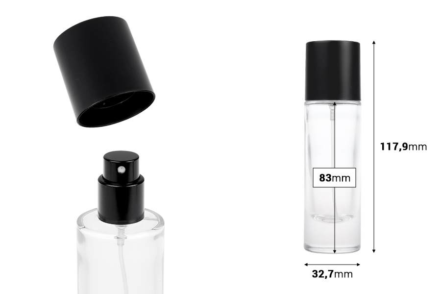 Flacone di profumo sabbiato da 30 ml con tappo in vari colori opachi e spray-dimensioni_immagine