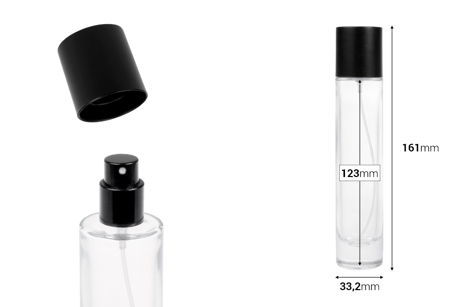 Flacone di profumo trasparente da 50 ml con vaporizzatore e tappo, disponibile in vari colori opachi.-dimensioni_immagine