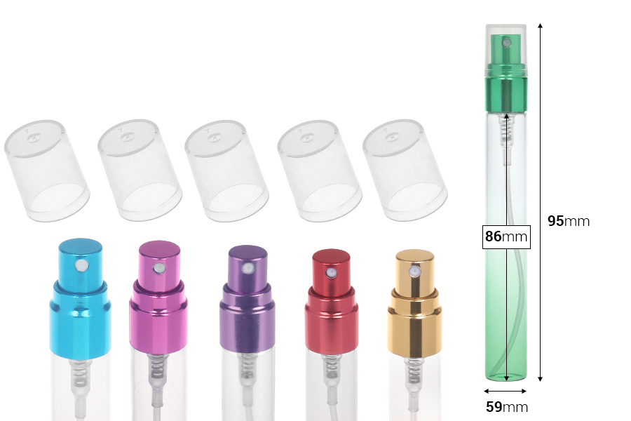 Γυάλινο μπουκαλάκι tester 10 ml με σπρέι αλουμινίου και διάφανο καπάκι - 6 τμχ