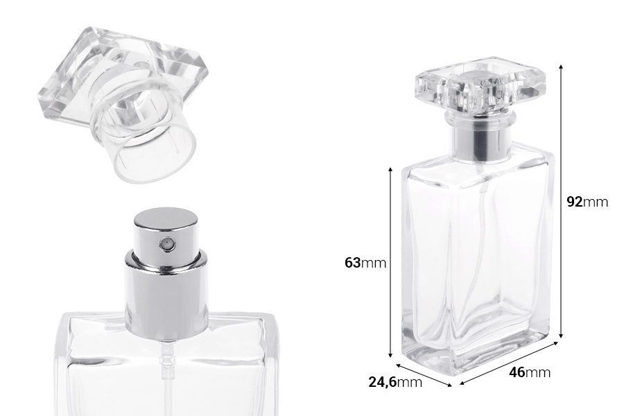 Clear glass perfume bottle 30 ml with spray and cap-image_dimensions