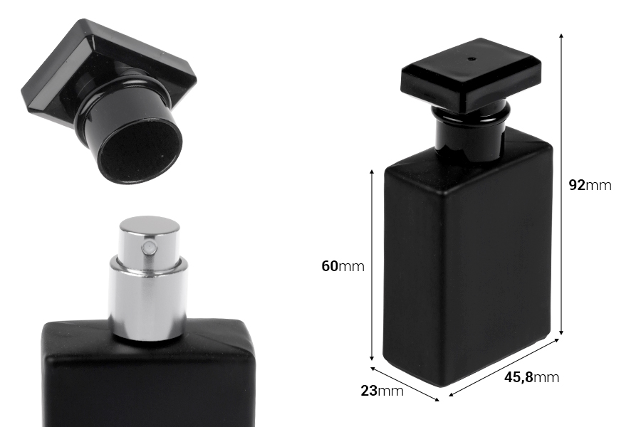 Glass perfume bottle 30 ml in black color with spray and cap-image_dimensions