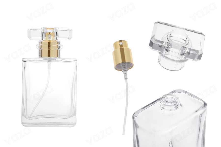 Flacone di profumo in vetro trasparente da 50 ml con vaporizzatore e tappo. Flacone di profumo in vetro trasparente da 50 ml con vaporizzatore e tappo.-immagine_prodotto