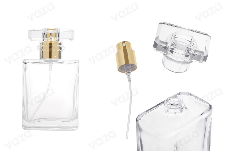 Parfümflasche aus Glas, 50 ml, transparent, mit Sprühkopf und Verschluss Parfümflasche aus Glas, 50 ml, transparent, mit Sprühkopf und Verschluss-produktbild