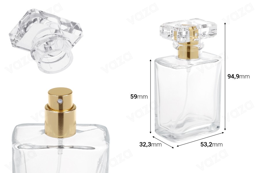 Flacone di profumo in vetro trasparente da 50 ml con vaporizzatore e tappo. Flacone di profumo in vetro trasparente da 50 ml con vaporizzatore e tappo.-dimensioni_immagine