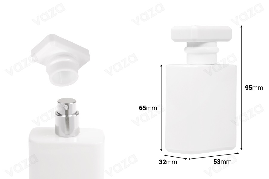 Glass perfume bottle 50 ml in white color with spray and cap-image_dimensions