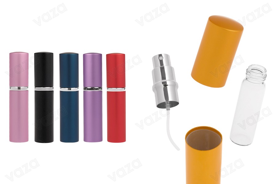 Glass bottle with 5 ml perfume spray in an aluminum case in various colors Glass bottle with 5 ml perfume spray in an aluminum case in various colors-image_product