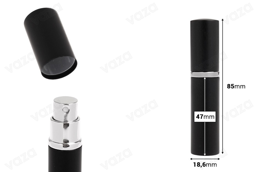 Glass bottle with 5 ml perfume spray in an aluminum case in various colors Glass bottle with 5 ml perfume spray in an aluminum case in various colors-image_dimensions