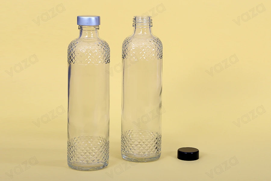 Bouteille transparente de 330 ml avec motifs en relief sur le col et la base Bouteille transparente de 330 ml avec motifs en relief sur le col et la base-εικόνα_διαστάσεις