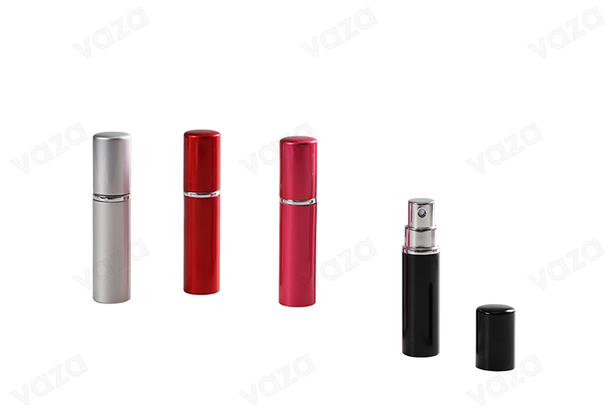 Μπουκαλάκι με σπρέι για αρώματα 5 ml γυάλινο μέσα σε αλουμινένια θήκη σε διάφορα χρώματα-εικόνα_προϊοντική