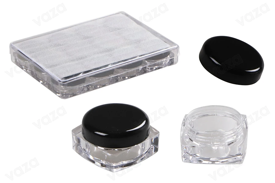 Viereckige Acryl- Cremedosen 5ml mit schwarzem Deckel in einem acrylic Kästchen-produktbild