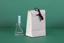 Paper gift bag in a special design and print with a 10mm grosgrain ribbon bow tie handle in size 105x67x150 Paper gift bag in a special design and print with a 10mm grosgrain ribbon bow tie handle in size 105x67x150